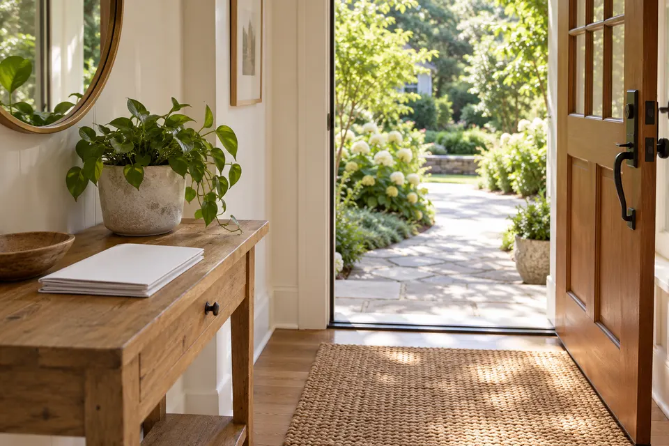 Generated illustration of a residential entry and guide pages.